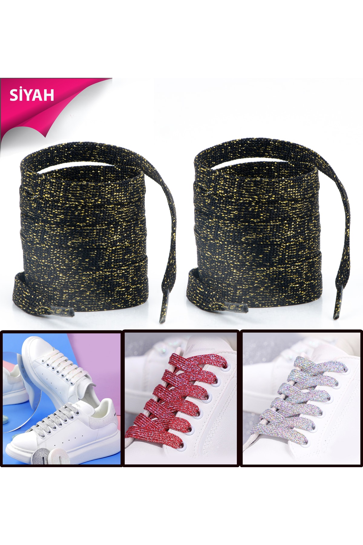 Siyah%20120%20Cm%20Gold%20Simli%20Yassı%20Bağcık,%20Bot,%20Spor,%20Converse,%20Günlük%20Ayakkabı%20Bağcığı